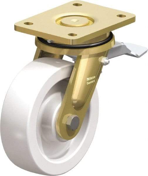 Blickle - 6-1/2" Diam x 1-31/32" Wide x 8-1/16" OAH Top Plate Mount Swivel Caster with Brake - Impact-Resistant Nylon, 1,870 Lb Capacity, Plain Bore Bearing, 5-1/2 x 4-3/8" Plate - Benchmark Tooling