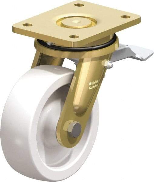 Blickle - 6" Diam x 1-31/32" Wide x 7-7/8" OAH Top Plate Mount Swivel Caster with Brake - Impact-Resistant Nylon, 1,760 Lb Capacity, Plain Bore Bearing, 5-1/2 x 4-3/8" Plate - Benchmark Tooling