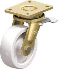 Blickle - 6" Diam x 1-31/32" Wide x 7-7/8" OAH Top Plate Mount Swivel Caster with Brake - Impact-Resistant Nylon, 1,760 Lb Capacity, Plain Bore Bearing, 5-1/2 x 4-3/8" Plate - Benchmark Tooling