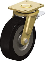 Blickle - 10" Diam x 3-9/64" Wide x 12" OAH Top Plate Mount Swivel Caster with Brake - Solid Rubber, 2,200 Lb Capacity, Ball Bearing, 6-7/8 x 5-1/2" Plate - Benchmark Tooling