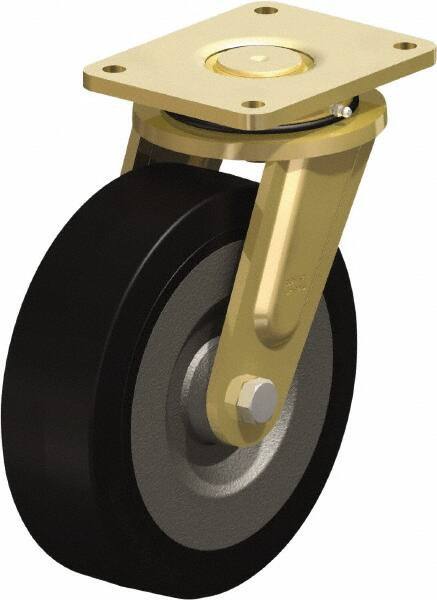 Blickle - 10" Diam x 3-9/64" Wide x 12" OAH Top Plate Mount Swivel Caster - Solid Rubber, 2,200 Lb Capacity, Ball Bearing, 6-7/8 x 5-1/2" Plate - Benchmark Tooling