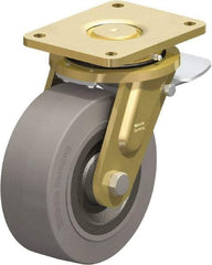 Blickle - 8" Diam x 3-9/64" Wide x 10-1/32" OAH Top Plate Mount Swivel Caster with Brake - Solid Rubber, 1,870 Lb Capacity, Ball Bearing, 6-7/8 x 5-1/2" Plate - Benchmark Tooling