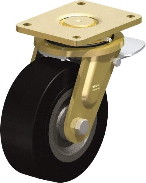 Blickle - 8" Diam x 3-9/64" Wide x 10-1/32" OAH Top Plate Mount Swivel Caster with Brake - Solid Rubber, 1,870 Lb Capacity, Ball Bearing, 6-7/8 x 5-1/2" Plate - Benchmark Tooling