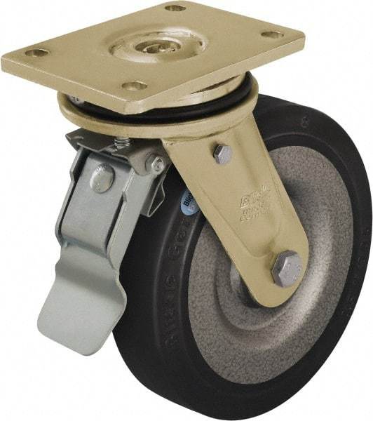 Blickle - 6-1/2" Diam x 1-31/32" Wide x 8-1/16" OAH Top Plate Mount Swivel Caster with Brake - Solid Rubber, 990 Lb Capacity, Ball Bearing, 5-1/2 x 4-3/8" Plate - Benchmark Tooling