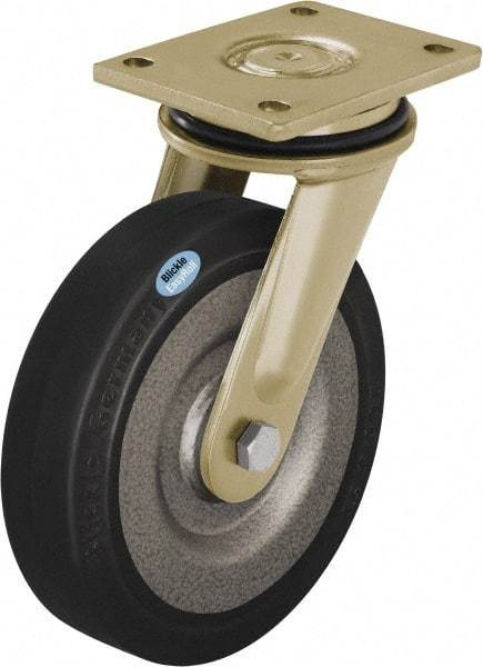 Blickle - 8" Diam x 1-31/32" Wide x 9-41/64" OAH Top Plate Mount Swivel Caster - Solid Rubber, 1,320 Lb Capacity, Ball Bearing, 5-1/2 x 4-3/8" Plate - Benchmark Tooling