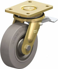Blickle - 6-1/2" Diam x 1-31/32" Wide x 8-1/16" OAH Top Plate Mount Swivel Caster with Brake - Solid Rubber, 990 Lb Capacity, Ball Bearing, 5-1/2 x 4-3/8" Plate - Benchmark Tooling