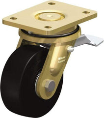 Blickle - 5" Diam x 1-31/32" Wide x 6-11/16" OAH Top Plate Mount Swivel Caster with Brake - Solid Rubber, 704 Lb Capacity, Ball Bearing, 5-1/2 x 4-3/8" Plate - Benchmark Tooling