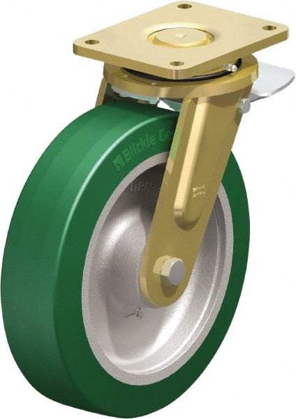 Blickle - 12" Diam x 3-9/64" Wide x 13-31/32" OAH Top Plate Mount Swivel Caster with Brake - Polyurethane-Elastomer Blickle Softhane, 3,960 Lb Capacity, Ball Bearing, 6-7/8 x 5-1/2" Plate - Benchmark Tooling