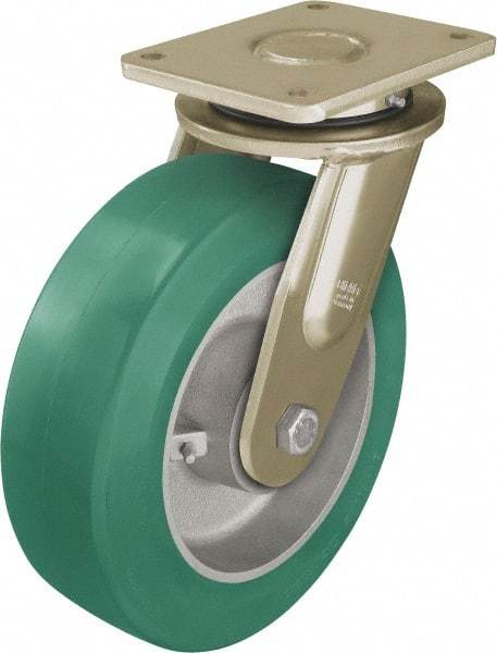 Blickle - 10" Diam x 3-9/64" Wide x 12" OAH Top Plate Mount Swivel Caster - Polyurethane-Elastomer Blickle Softhane, 3,080 Lb Capacity, Ball Bearing, 6-7/8 x 5-1/2" Plate - Benchmark Tooling