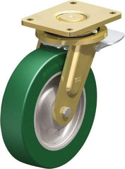 Blickle - 10" Diam x 2-23/64" Wide x 12" OAH Top Plate Mount Swivel Caster with Brake - Polyurethane-Elastomer Blickle Softhane, 2,640 Lb Capacity, Ball Bearing, 6-7/8 x 5-1/2" Plate - Benchmark Tooling