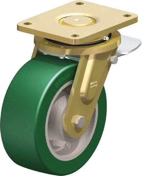 Blickle - 8" Diam x 3-9/64" Wide x 10-1/32" OAH Top Plate Mount Swivel Caster with Brake - Polyurethane-Elastomer Blickle Softhane, 2,640 Lb Capacity, Ball Bearing, 6-7/8 x 5-1/2" Plate - Benchmark Tooling
