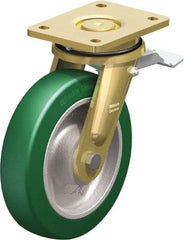 Blickle - 8" Diam x 1-31/32" Wide x 9-41/64" OAH Top Plate Mount Swivel Caster with Brake - Polyurethane-Elastomer Blickle Softhane, 1,760 Lb Capacity, Ball Bearing, 5-1/2 x 4-3/8" Plate - Benchmark Tooling