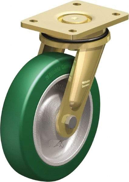 Blickle - 8" Diam x 1-31/32" Wide x 9-41/64" OAH Top Plate Mount Swivel Caster - Polyurethane-Elastomer Blickle Softhane, 1,760 Lb Capacity, Ball Bearing, 5-1/2 x 4-3/8" Plate - Benchmark Tooling