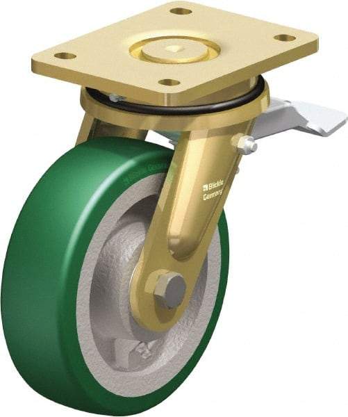 Blickle - 6-1/2" Diam x 1-31/32" Wide x 8-5/64" OAH Top Plate Mount Swivel Caster with Brake - Polyurethane-Elastomer Blickle Softhane, 1,320 Lb Capacity, Ball Bearing, 5-1/2 x 4-3/8" Plate - Benchmark Tooling