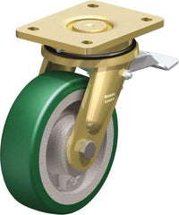 Blickle - 6-1/2" Diam x 1-31/32" Wide x 8-5/64" OAH Top Plate Mount Swivel Caster with Brake - Polyurethane-Elastomer Blickle Softhane, 1,320 Lb Capacity, Ball Bearing, 5-1/2 x 4-3/8" Plate - Benchmark Tooling