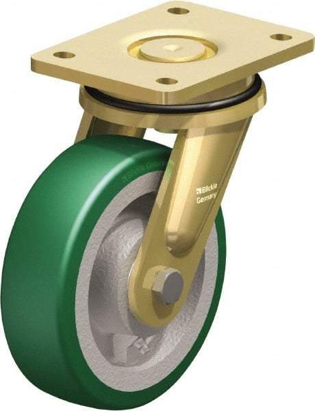 Blickle - 6-1/2" Diam x 1-31/32" Wide x 8-5/64" OAH Top Plate Mount Swivel Caster - Polyurethane-Elastomer Blickle Softhane, 1,320 Lb Capacity, Ball Bearing, 5-1/2 x 4-3/8" Plate - Benchmark Tooling