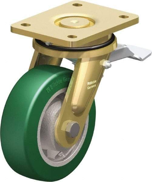 Blickle - 6" Diam x 1-31/32" Wide x 7-7/8" OAH Top Plate Mount Swivel Caster with Brake - Polyurethane-Elastomer Blickle Softhane, 1,210 Lb Capacity, Ball Bearing, 5-1/2 x 4-3/8" Plate - Benchmark Tooling