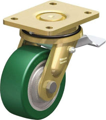 Blickle - 5" Diam x 1-31/32" Wide x 6-11/16" OAH Top Plate Mount Swivel Caster with Brake - Polyurethane-Elastomer Blickle Softhane, 990 Lb Capacity, Ball Bearing, 5-1/2 x 4-3/8" Plate - Benchmark Tooling