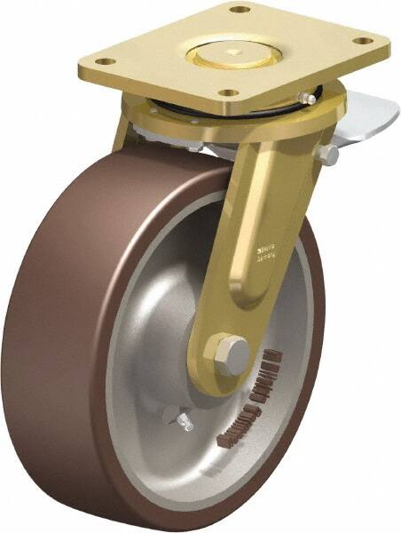 Blickle - 10" Diam x 3-9/64" Wide x 12" OAH Top Plate Mount Swivel Caster with Brake - Polyurethane-Elastomer Blickle Besthane, 3,960 Lb Capacity, Ball Bearing, 6-7/8 x 5-1/2" Plate - Benchmark Tooling
