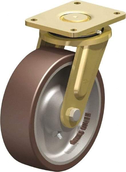 Blickle - 10" Diam x 3-9/64" Wide x 12" OAH Top Plate Mount Swivel Caster - Polyurethane-Elastomer Blickle Besthane, 3,960 Lb Capacity, Ball Bearing, 6-7/8 x 5-1/2" Plate - Benchmark Tooling