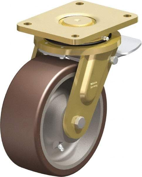 Blickle - 8" Diam x 3-9/64" Wide x 10-1/32" OAH Top Plate Mount Swivel Caster with Brake - Polyurethane-Elastomer Blickle Besthane, 3,520 Lb Capacity, Ball Bearing, 6-7/8 x 5-1/2" Plate - Benchmark Tooling