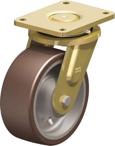 Blickle - 8" Diam x 3-9/64" Wide x 10-1/32" OAH Top Plate Mount Swivel Caster - Polyurethane-Elastomer Blickle Besthane, 3,520 Lb Capacity, Ball Bearing, 6-7/8 x 5-1/2" Plate - Benchmark Tooling