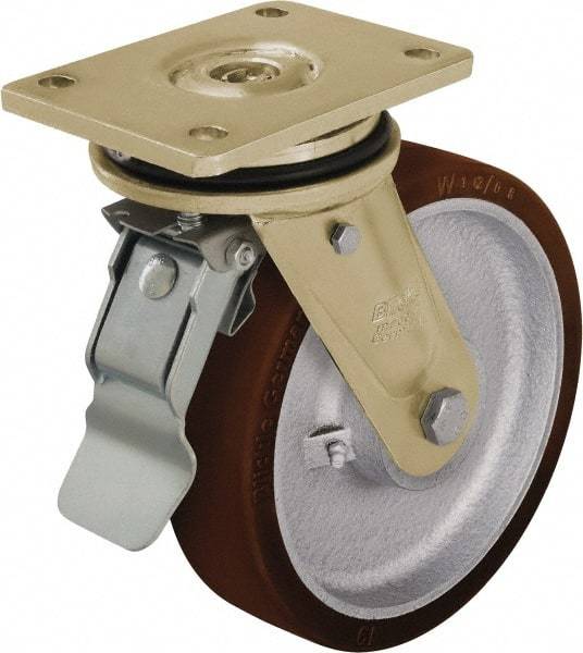 Blickle - 10" Diam x 2-23/64" Wide x 12" OAH Top Plate Mount Swivel Caster with Brake - Polyurethane-Elastomer Blickle Besthane, 3,300 Lb Capacity, Ball Bearing, 6-7/8 x 5-1/2" Plate - Benchmark Tooling