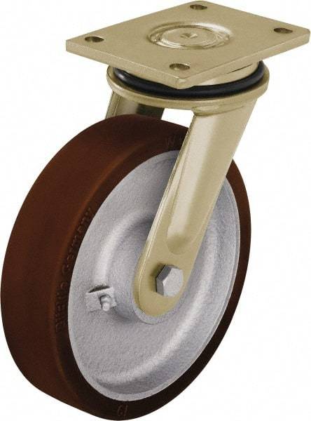 Blickle - 6-1/2" Diam x 1-31/32" Wide x 8-5/64" OAH Top Plate Mount Swivel Caster - Polyurethane-Elastomer Blickle Besthane, 1,760 Lb Capacity, Ball Bearing, 5-1/2 x 4-3/8" Plate - Benchmark Tooling