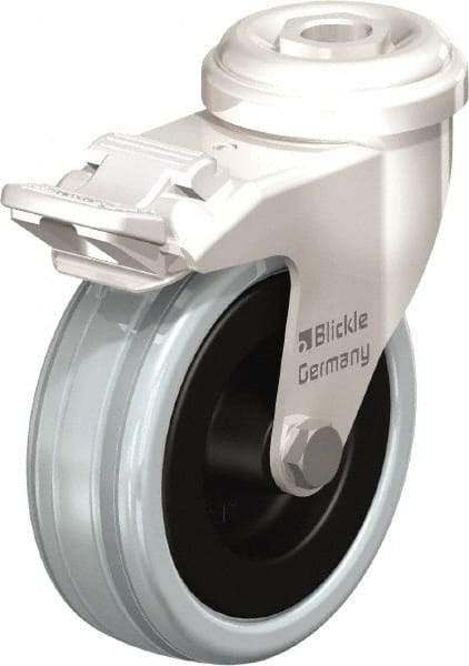 Blickle - 3" Diam x 63/64" Wide x 3-27/32" OAH Stem Mount Swivel Caster with Brake - Solid Rubber, 132 Lb Capacity, Plain Bore Bearing, Round Stem - Benchmark Tooling
