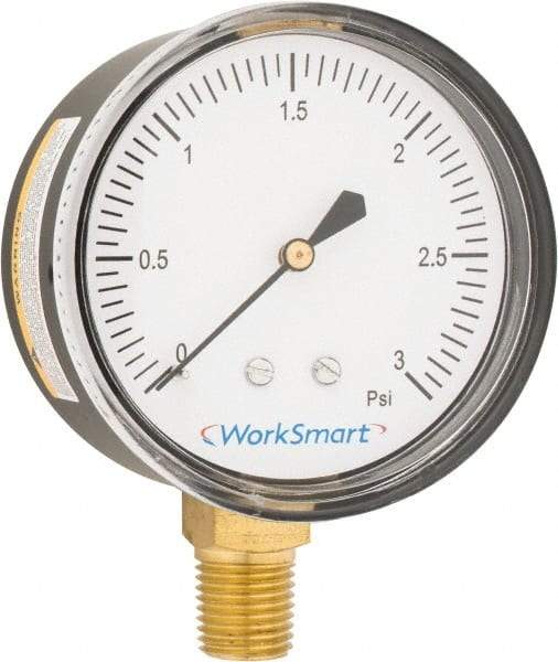 Value Collection - 2-1/2" Dial, 1/4 Thread, 0-3 Scale Range, Pressure Gauge - Lower Connection Mount, Accurate to 1.5% of Scale - Benchmark Tooling