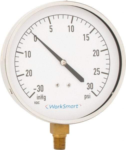 Value Collection - 4-1/2" Dial, 1/4 Thread, 30-0-30 Scale Range, Pressure Gauge - Lower Connection Mount, Accurate to 0.01% of Scale - Benchmark Tooling