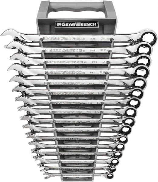 GearWrench - 16 Piece, 8mm to 24mm, 12 Point Combination Wrench Set - Metric Measurement Standard, Full Polish Chrome Finish - Benchmark Tooling