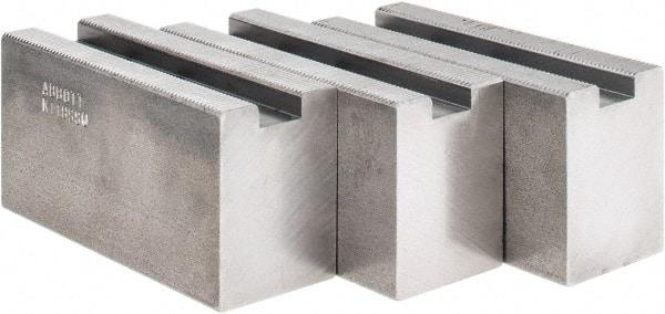 Abbott Workholding Products - 1.5mm x 60° Serrated Attachment, Square Soft Lathe Chuck Jaw - 3 Jaws, Steel, 63/64" Btw Mount Hole Ctrs, 4" Long x 1-1/2" Wide x 2" High, 0.5512" Groove, 0.4724" & 12mm Fastener - Benchmark Tooling