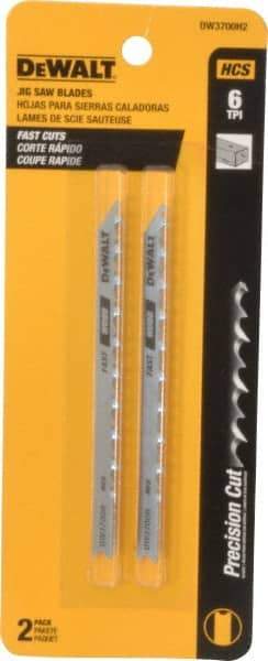 DeWALT - 4" Long, 6 Teeth per Inch, High Carbon Steel Jig Saw Blade - Toothed Edge, 1/4" Wide x 0.06" Thick, U-Shank - Benchmark Tooling