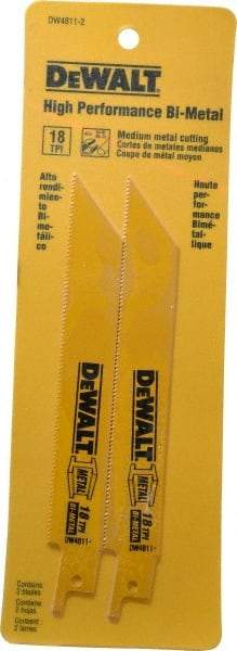 DeWALT - 6" Long x 3/4" Thick, Bi-Metal Reciprocating Saw Blade - Straight Profile, 18 TPI, Toothed Edge, Universal Shank - Benchmark Tooling