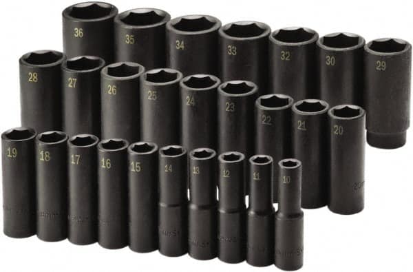 SK - 26 Piece 1/2" Drive Deep Impact Socket Set - 6 Points, 10 to 36mm, Metric Measurement Standard - Benchmark Tooling