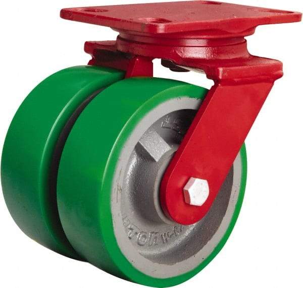 Hamilton - 6" Diam x 2" Wide x 7-3/4" OAH Top Plate Mount Swivel Caster - Polyurethane Mold onto Cast Iron Center, 2,400 Lb Capacity, Tapered Roller Bearing, 4-1/2 x 6-1/2" Plate - Benchmark Tooling