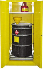 Securall Cabinets - 31" Wide x 31" Deep x 65" High, 18 Gauge Steel Vertical Drum Cabinet with 3 Point Key Lock - Yellow, Manual Closing Door, 1 Shelf, 1 Drum, Drum Rollers Included - Benchmark Tooling