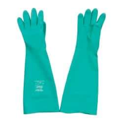 SHOWA - Size M (8), 19" Long, 22 mil Thick, Nitrile Chemical Resistant Gloves - Textured Finish, Slip-On Cuff, ANSI Abrasion Level 4, ANSI Cut Level 0, ANSI Puncture Level 1, Green, FDA Approved - Benchmark Tooling