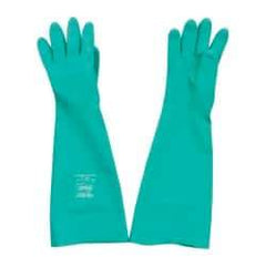 SHOWA - Size M (8), 19" Long, 22 mil Thick, Nitrile Chemical Resistant Gloves - Textured Finish, Slip-On Cuff, ANSI Abrasion Level 4, ANSI Cut Level 0, ANSI Puncture Level 1, Green, FDA Approved - Benchmark Tooling