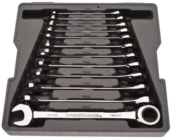 GearWrench - 12 Piece, 8mm to 19mm, Combination Wrench Set - Metric Measurement Standard, Chrome Finish, Comes in Tray - Benchmark Tooling