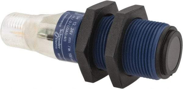 Telemecanique Sensors - 4 Pin M12 Connector, 15m Nominal Distance, Shock and Vibration Resistant, Through Beam Photoelectric Sensor - 12 to 24 VDC, 500 Hz, PBT, 2.36 Inch Long x 0.71 Inch Wide - Benchmark Tooling