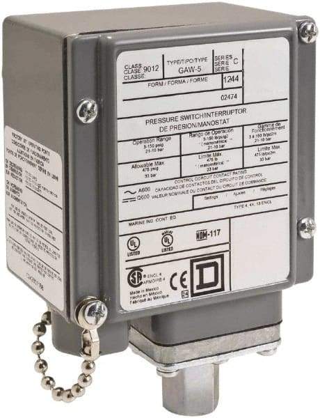 Square D - 4, 13 and 4X NEMA Rated, SPDT, 3 to 150 psi, Electromechanical Pressure and Level Switch - Adjustable Pressure, 120 VAC at 6 Amp, 240 VAC at 3 Amp, 250 VDC at 0.27 Amp, 1/4 Inch Connector, Screw Terminal, For Use with 9012G - Benchmark Tooling