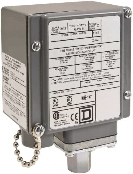 Square D - 4, 13 and 4X NEMA Rated, SPDT, 270 to 9,000 psi, Electromechanical Pressure and Level Switch - Exact Industrial Supply