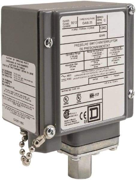 Square D - 4, 13 and 4X NEMA Rated, DPDT, 13 to 425 psi, Electromechanical Pressure and Level Switch - Fixed Pressure, 120 VAC at 6 Amp, 125 VDC at 0.22 Amp, 240 VAC at 3 Amp, 250 VDC at 0.11 Amp, 1/4 Inch Connector, Screw Terminal, For Use with 9012G - Benchmark Tooling