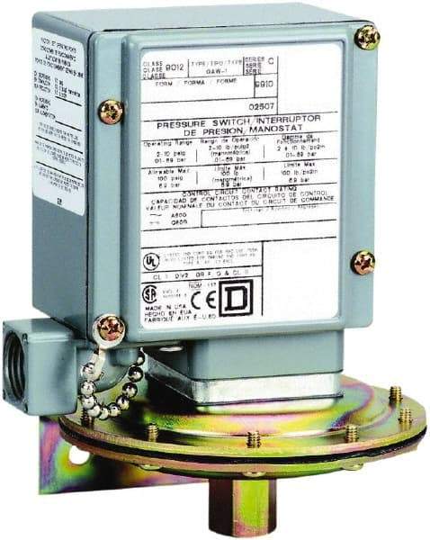 Square D - 4, 13 and 4X NEMA Rated, SPDT, 0.2 to 10 psi, Electromechanical Pressure and Level Switch - Fixed Pressure, 120 VAC at 6 Amp, 125 VDC at 0.22 Amp, 240 VAC at 3 Amp, 250 VDC at 0.27 Amp, 1/4 Inch Connector, Screw Terminal, For Use with 9012G - Benchmark Tooling