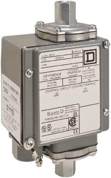 Square D - 4, 13 and 4X NEMA Rated, SPDT, 175 psi, Electromechanical Pressure and Level Switch - Adjustable Pressure, 120 VAC at 6 Amp, 125 VDC at 0.22 Amp, 240 VAC at 3 Amp, 250 VDC at 0.27 Amp, 1/4 Inch Connector, Screw Terminal, For Use with 9012G - Benchmark Tooling