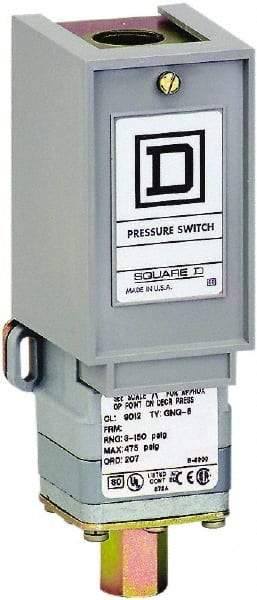 Square D - 1 NEMA Rated, SPDT, 3 to 150 psi, Electromechanical Pressure and Level Switch - Adjustable Pressure, 120 VAC at 6 Amp, 125 VDC at 0.22 Amp, 240 VAC at 3 Amp, 250 VDC at 0.27 Amp, 1/2 Inch Connector, Screw Terminal, For Use with 9012G - Benchmark Tooling