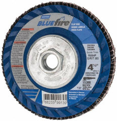 Norton - 80 Grit, 4-1/2" Disc Diam, 5/8-11 Center Hole, Type 27 Zirconia Alumina Flap Disc - 13,300 Max RPM, Fiberglass Backing, Arbor Attaching System, Coated - Benchmark Tooling