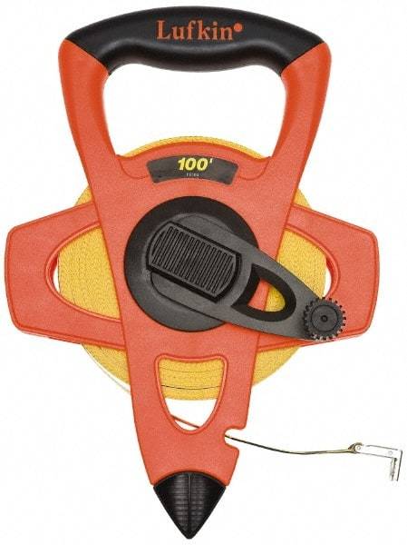 Lufkin - 150' x 1/2" Yellow Blade Tape Measure - 1/100 & 1/10' Graduation, C2 Graduation Style, Orange/Yellow/Black Case - Benchmark Tooling